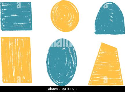 Set mit geometrischen Formen für Kinder. Textfelder strukturierte Rahmen. Abgerundete und quadratische Figuren. Vektor Hand gezeichnete Zitataufkleber Formen. Trapezblau und gelb Stock Vektor