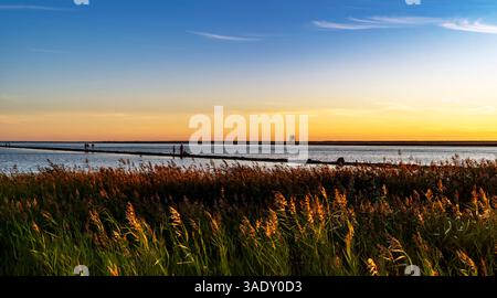 A serene sunset over a calm lake with a narrow path leading into the water. Tall grasses sway in the foreground, and a few people are visible on the p Stockfoto