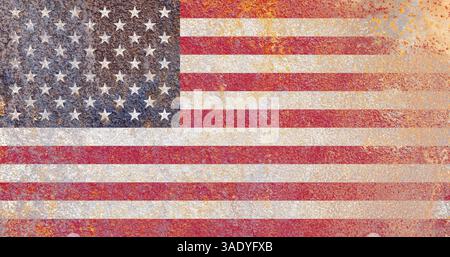 US-Kennzeichen. Schmutzige amerikanische Flagge auf rostiger Metalloberfläche. Rostiges Metall Stockfoto