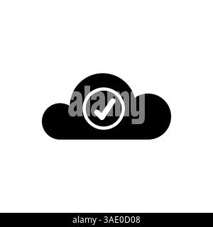 Cloud-Symbol mit einem Häkchen in Schwarz auf weißem Hintergrund, erfolgreicher Datenupload oder sichere Speicherung Stock Vektor