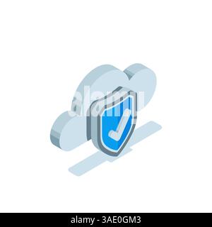 Isometrisches Wolkensymbol mit Schild und Häkchen in Farbe auf weißem Hintergrund, erfolgreicher Schutz von Daten oder sicherer Speicher Stock Vektor