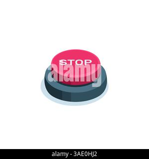 Isometrisches Schaltflächensymbol mit dem Wort STOP in Rot auf weißem Hintergrund, Start- oder Herunterfahren von Unternehmen Stock Vektor