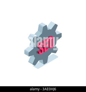 Symbol für isometrische Ausrüstung mit dem Wort seo in Farbe auf weißem Hintergrund, seo oder Web-Promotion Stock Vektor