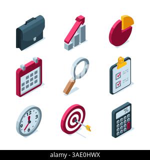 Isometrischer Satz von Geschäftssymbolen in Farbe auf weißem Hintergrund, Geschäftsanalysen und Erfolg Stock Vektor