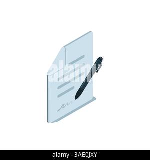 Isometrisches Dokumentsymbol in Farbe auf weißem Hintergrund, Papierdokument und Unterschriftenstift Stock Vektor