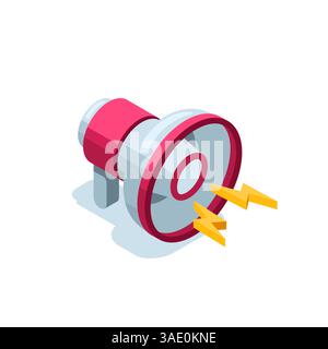 Isometrisches Lautsprechersymbol in schwarzer Farbe auf weißem Hintergrund, Alarm oder Werbung Stock Vektor