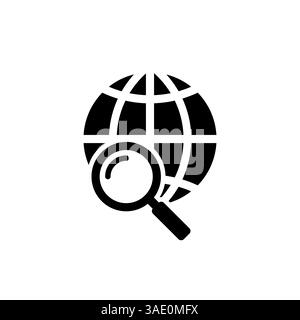 Lupe und Globus-Symbol in Schwarz auf weißem Hintergrund, Suche nach einem Ort auf einer Karte oder auf der Welt Stock Vektor