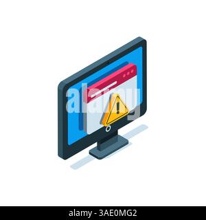 Monitor-Isometriesymbol mit geöffnetem Programmfenster und farbigem Ausrufezeichen auf weißem Hintergrund, Fehler oder Softwarefehler Stock Vektor