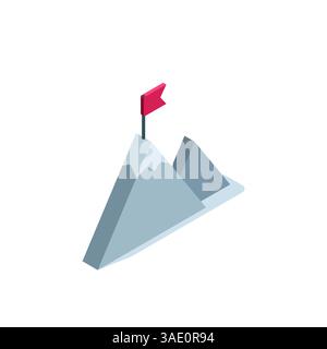 Isometrisches Bergsymbol mit schwarzer Flagge auf weißem Hintergrund, erreichen Sie das obere oder Ziel Stock Vektor