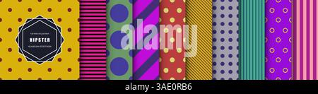 Kollektion farbenfroher nahtloser Muster. Einfache geometrisch gestreifte und gepunktete Texturen – wiederholbare Hipster-Hintergründe aus Stoff. Mehrfarbig Stock Vektor