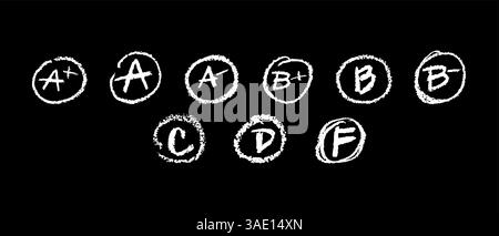 Schulnoten (A bis F), gezeichnet mit weißer Kreide, Kreide oder Pastellfarbe auf der Tafel. Handgezeichnete rote Markierungen in groben Kreisen, die an die des Lehrers erinnern Stock Vektor