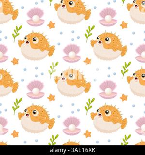 Pufferfish-Muster niedlicher Ozean Meer nahtloser Hintergrund Marine Zeichentrick Tier Shell Stock Vektor