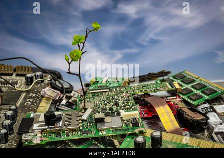 Ein konzeptionelles Bild, das Recycling, Nachhaltigkeit, Umweltschutz, technologische Obsoleszenz und das Potenzial für Neuanfänge repräsentiert Stockfoto