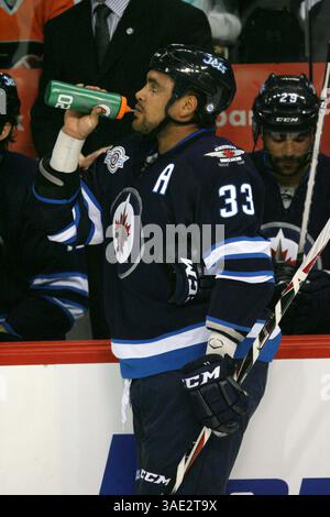 21. Februar 2012: Winnipeg, Manitoba, Kanada, NHL 2012 - 21. Februar; Winnipeg, MB, CAN; Winnipeg Jets Defenseman Dustin Byfuglien (33) während einer Zeitüberschreitung im MTS Centre. Obligatorischer Credit: Bobby Navasca – Southcreek Global Media (Bild: © Bobby Navasca/Southcreek/ZUMAPRESS.com) Stockfoto