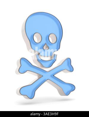 Schädel und gekreuzte Knochen auf weißem Hintergrund. Isolierte 3D-Darstellung Stockfoto