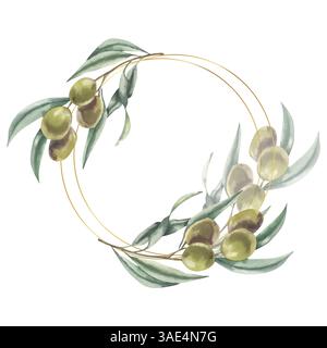 Aquarellillustration mit Blumen- und goldenen Kranz von Oliven. Isolierte Bannervorlage mit traditionellen griechischen Baumzweigen, Olivenfrüchten, botanischem Clipart für Stockfoto
