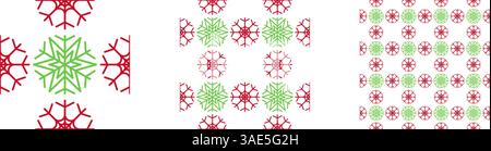 Abstrakte nahtlose Muster Set Schneeflocken rot und grün Weihnachtsfarben, Vektor-Illustration Stock Vektor