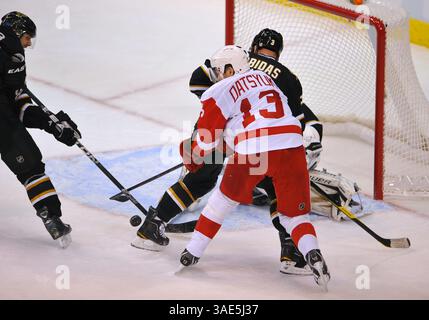 Januar 2012 . Dallas Stars Torwart Richard Bachman (31) wird gerettet, als das Detroit Red Wings Center Pavel Datsyuk (13) während eines Spiels zwischen den Detroit Red Wings und den Dallas Stars im American Airlines Center in Dallas, Texas, zusieht. (Credit Image: © Manny Flores/Cal Sport Media/ZUMAPRESS.com) Stockfoto
