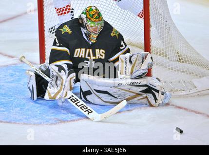 Januar 2012 . Der Dallas Stars Torwart Richard Bachman (31) wird während eines Spiels zwischen den Detroit Red Wings und den Dallas Stars im American Airlines Center in Dallas Texas gerettet. (Bild: â© Manny Flores/Cal Sport Media/ZUMAPRESS.com) Stockfoto