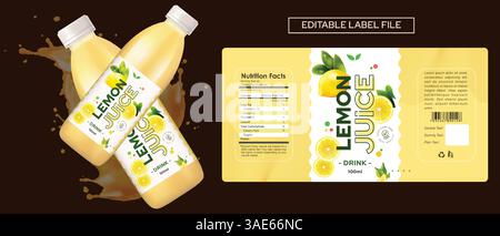 Design mit Etikett für Zitronensaft, Design mit Etikett für alkoholfreie Getränke mit Zitronensaft. Flaschenvektor Energy Drink Etikettendesign. Mockup-Vorlage für Fruchtsaftetiketten Stock Vektor