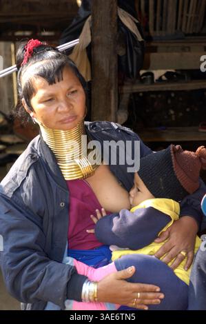 18. April 2008 - Chiangmai, Chiangmai, Thailand - Mitglieder der ethnischen Gruppe der Kayan, Karen, deren Frauen als "lange Hälse" oder, etwas grober, "Giraffe-Frauen" bekannt sind, wickeln ihren Hals ab dem Alter von 5 Jahren in Messingspulen. Die Spulen werden erweitert, wenn sie ins Erwachsenenalter wachsen. Der außergewöhnliche Anblick dieser Frauen mit ihren langen polierten Halsringen hat ihr Schicksal besiegelt. Sie sind zu einer großen Touristenattraktion in diesem abgelegenen nordwestlichen Teil Thailands geworden (Credit Image: Chad Ryan/CSM/ZUMAPRESS.com) Stockfoto