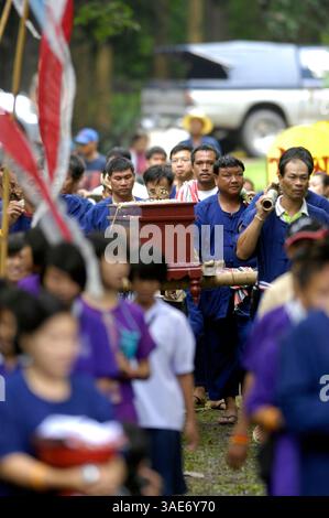 18. Juni 2008 - Chiang Mai, Thailand - Chiang Mai, Thailands zweitgrößte Stadt und ein wichtiger Tourismuszentrum, birgt ein dunkles Geheimnis, das eine Szene aus einem Horrorfilm sein könnte. Tief im Dschungelwald im Schatten des Doi Kham Tempels findet eine rituelle Zeremonie statt, inmitten von rasenden, staunenden und einigen schockierten Einheimischen und einer Handvoll Touristen, in einem Dunst von Insekten und Delirium. Ein Schuljunge verschlingt einen frisch geschlachteten Büffel, der unter ihm liegt wie ein blutiger Teppich. Scheiben von sehnlichem Fleisch, hängende Eingeweide und ein Eimer voller Blut sind die Spezialitäten des Tages. Der Wald stinkt nach verfallendem Fleisch und Stockfoto