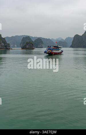 Ein Boot fährt durch das ruhige Wasser der Ha Long Bay, umgeben von atemberaubenden Kalksteinkarsten an einem bewölkten Tag. Stockfoto