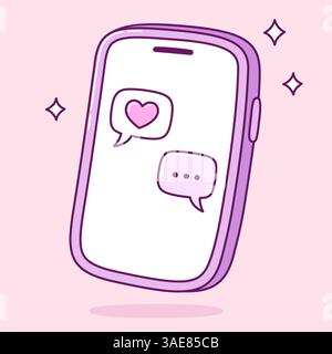 SMS-Chat auf dem Smartphone, Sprechblasen von Liebespaaren. Niedliche Zeichentrickillustration des Liebesgekenntnisses. Einfache handgezeichnete Kritzelei. Stock Vektor
