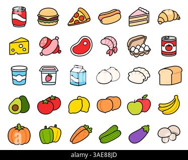 Handgezeichneter Kritzelstil Symbole für Lebensmittel: Fleisch und Milchprodukte, Obst und Gemüse, Fast Food. Zeichentrickfilm handgezeichnet Illustrationsset. Stock Vektor