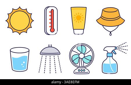 Symbolsatz für Infografiken zur Vermeidung von Hitzschlag und Sommerkühlung. Sonnenschutz, Hydration. Illustrationen von Vektorclips. Einfache Cartoon Hand dra Stock Vektor