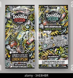 Cartoon nette bunte Vektor Hand gezeichnet Kritzele Elektrofahrzeuge Corporate Identity. 2 vertikale Banner. Vorlagensatz. Alle Objekte sind getrennt Stock Vektor