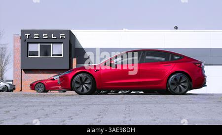 Posen, Polen - 28. März 2025: Brandneues Tesla Model 3 vor einem Händlerbetrieb. Stockfoto