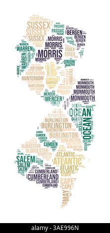 New Jersey Wortwolke. Landesform mit Bezirkseinteilung. Bild im Typografie-Stil von New Jersey. Bezirksnamen kennzeichnen Wolken. Vektorabbildung. Stock Vektor