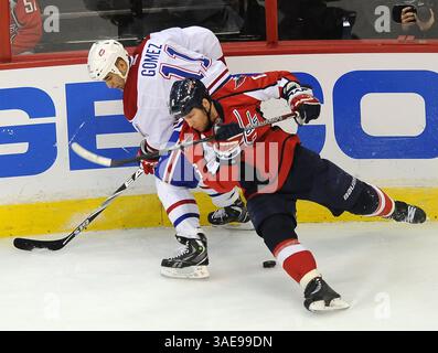 24. Februar 2012: Washington, DC, USA - Montreal Canadiens Center Scott Gomez (11) und Washington Capitals Verteidiger Dennis Wideman (6) kämpfen im Verizon Center in Washington, D.C. am Freitag, den 24. Februar 2012 um den Puck. Die Capitals besiegten die Canadiens mit 4:1. (Kreditbild: © Chuck Myers/MCT/MCT/ZUMAPRESS.com) Stockfoto