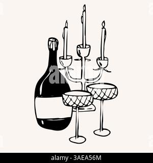 Handgezeichneter Vektor mit Weinflasche, Gläsern, Kerzen. Vintage-Schwarz-weiß-Illustration im skurrilen Linienart-Stil für das Menü Stock Vektor