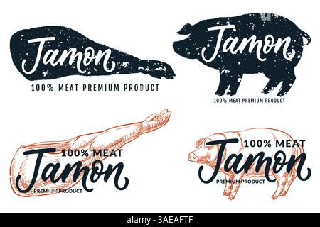 Köstliches iberisches Schweineschenkel und -Schwein, Etiketten Schilder isoliert auf weißem Hintergrund. Jamon handgezeichnete Kalligraphie-Schriftzüge. Abbildung der Vektorskizze. Stock Vektor