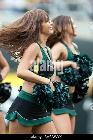17. September 2011: Ein Cheerleader aus Oregon regt die Menge während des NCAA Football-Spiels zwischen den Oregon Ducks und Southern Missouri im Autzen Stadium, Eugene OR (Credit Image: © Larry C. Lawson/Cal Sport Media/ZUMAPRESS.com) an Stockfoto