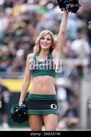 17. September 2011: Ein Cheerleader aus Oregon regt die Menge während des NCAA Football-Spiels zwischen den Oregon Ducks und Southern Missouri im Autzen Stadium, Eugene OR (Credit Image: © Larry C. Lawson/Cal Sport Media/ZUMAPRESS.com) an Stockfoto