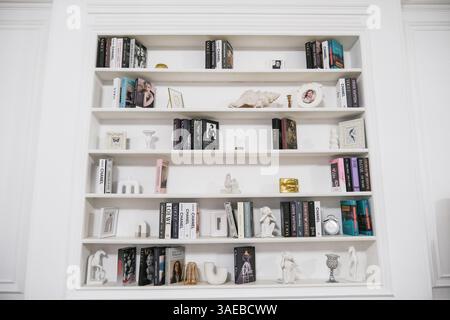 Ein weißes Bücherregal mit vielen Büchern und ein paar Figuren. Die Bücher sind reihenweise angeordnet und die Figuren werden auf das Regal gestellt. Die Szene ist ruhig und erbsen Stockfoto