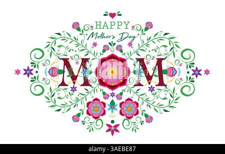 Muttertag Hand gezeichnete Blumen, beste Mutter Text Konzept, Blumenposter, Banner oder Grußkarte in bunten mexikanischen Stil, Vektor Illustration isoliert Stock Vektor
