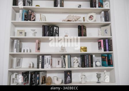 Ein weißes Bücherregal mit vielen Büchern und ein paar Figuren. Die Bücher sind reihenweise angeordnet und die Figuren werden auf das Regal gestellt. Die Szene ist ruhig und erbsen Stockfoto