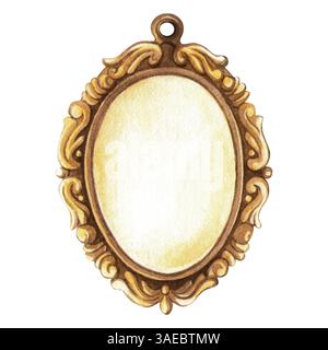 Bronze-Pendelrahmen im Vintage-Stil. Aquarellhandgezeichnete romantische Illustration von Retro-Spiegelschmuck. Perfekt für Rahmen, Namensgeber, Handwerk Stockfoto