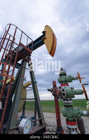 Ölpumpenkörper in Betrieb in einem umzäunten ländlichen Gebiet, der moderne Anlagen der Ölindustrie unter bewölktem Himmel hervorhebt. Stellt die Energiegewinnung und dar Stockfoto