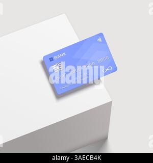 Bankkarte auf einem quadratischen weißen Podium. Realistisches Vektormodell. Plastikkarte für Einkaufsrabatte. Vorlagenkarte für Finanzen Stock Vektor