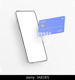 Weißes, realistisches Smartphone und Plastik-Kreditkarte. 3D Mobiltelefon mit leerem weißen Bildschirm und Bankkarte mit Chip. Vektorvorlage für Finanzen Stock Vektor