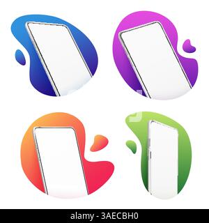 Realistische Smartphone-Modelle. 3D-Mobiltelefone mit weißem Bildschirm in bunten Löchern. Mobiltelefon-Konzept. Abbildung des 3D-Bildschirms des Geräts Stock Vektor