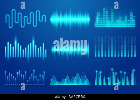 Satz von Vektorschall-Musikwellen. Vorlage für Audiotechnologie, Musical Pulse, Soundkarten und andere Elemente. Musik-Soundwave für Equalizer. Soundwave, s Stock Vektor