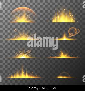 Sammlung verschiedener gelber Lichteffekte. Lichter, Strahlen, Sterne und Funkeln mit Bokeh-Kollektion. Vektor-transparenter Lichteffekt Stock Vektor
