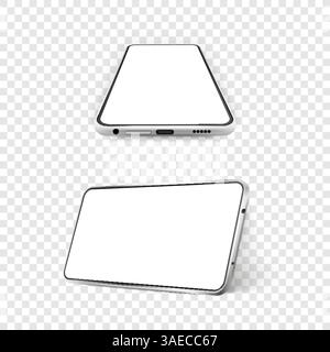 Zwei weiße, realistische Smartphones. 3D Mobiltelefon mit leerem weißen Bildschirm. Moderne Vektorvorlage für Mobiltelefone auf weißem Hintergrund. Abbildung o Stock Vektor