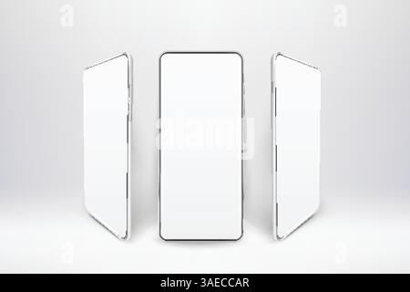 Weißes realistisches Smartphone-Vektormodell. 3D-Mobiltelefone mit leerem weißem Bildschirm. Vorlage für moderne Mobiltelefone auf weißem Hintergrund. Abbildung von Stock Vektor